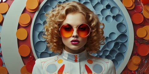 Fashionable Retro Woman with Curly Hair and Vibrant Pop Art Background