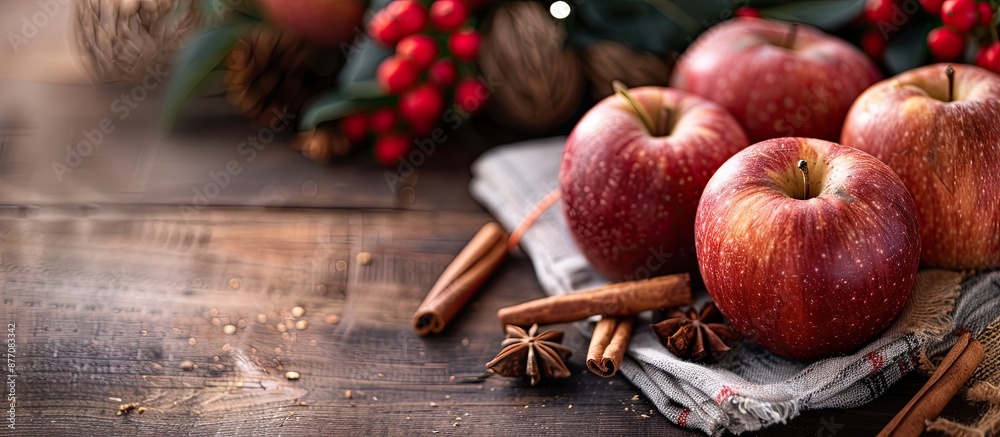 Poster Close-up view of fresh apples on a napkin on a wooden table with cinnamon, offering a visually appealing copy space image.
