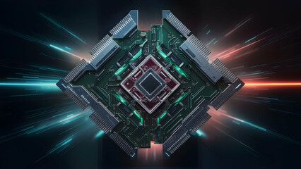 Cinematic photorealistic image showcasing the intricate circuitry and advanced architecture of a cutting edge AI processor chip