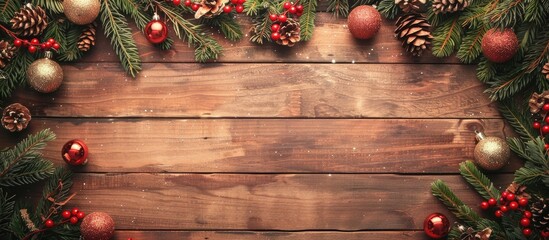 A festive holiday scene on wooden background with copy space image.
