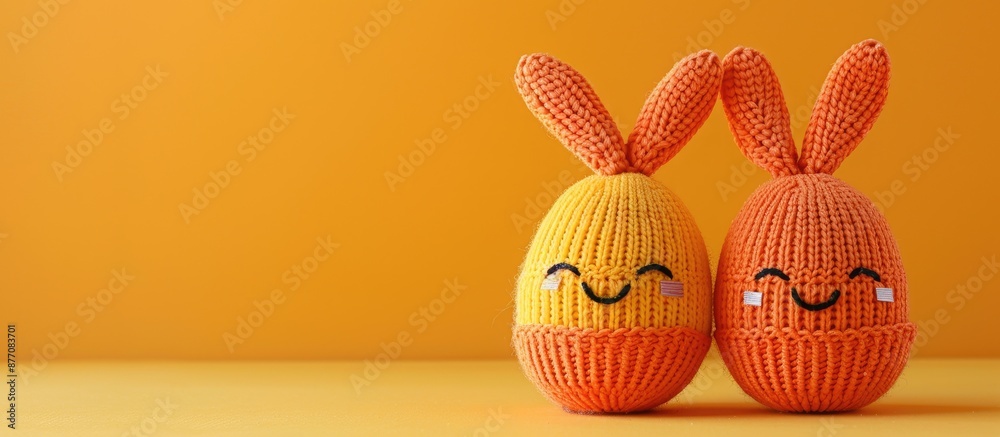 Poster Copy space image featuring two eggs in an orange knitted beanie with rabbit ears and happy faces on a yellow backdrop.