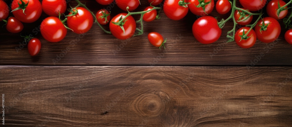 Poster cherry tomatoes placed on a wooden table with a clear space in the image, shot from above.