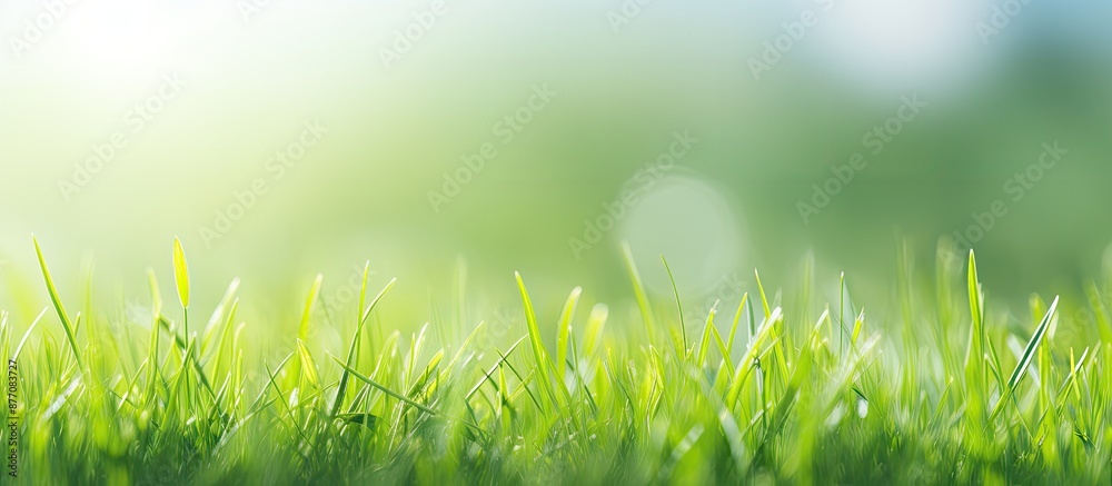 Poster fresh green grass field with a blurred background, ideal as a natural backdrop for summer product ad