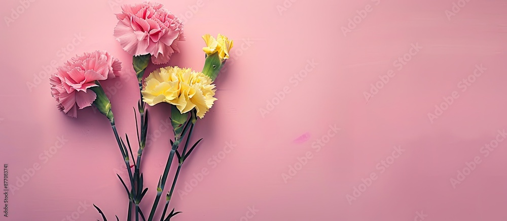 Poster holiday greeting concept featuring a bouquet of pink carnations and yellow matthiola on a pink backg