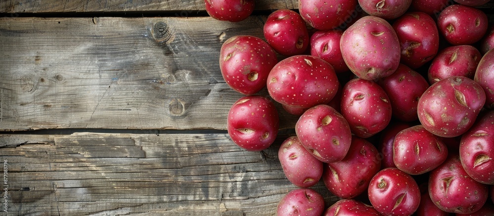 Poster A top view of red skinned potatoes on a wooden surface with a duplicated image in the center, featuring copy space.