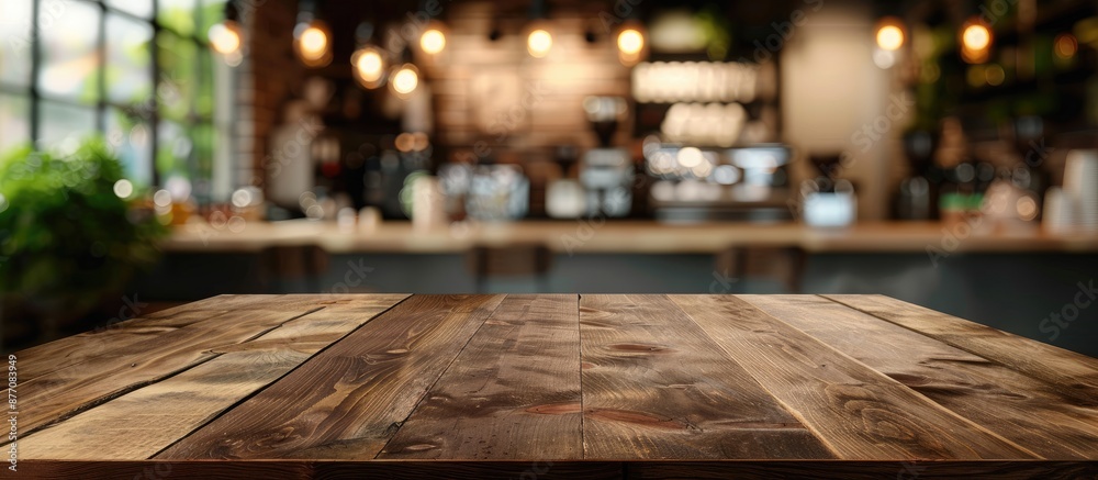 Poster empty brown wooden table with selective focus and coffee shop background blurred for a product displ