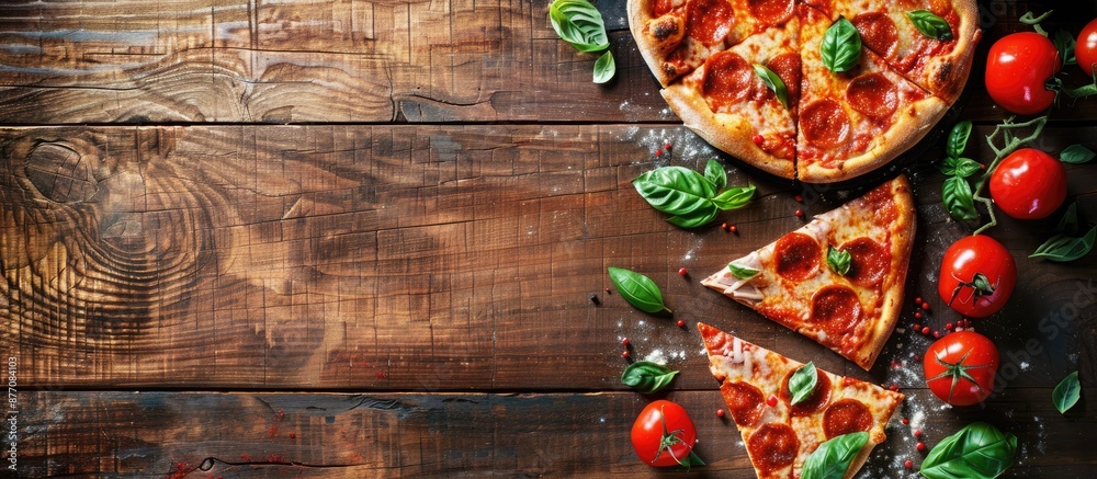 Poster restaurant table with pizza slices, giving the image an attractive copy space image.
