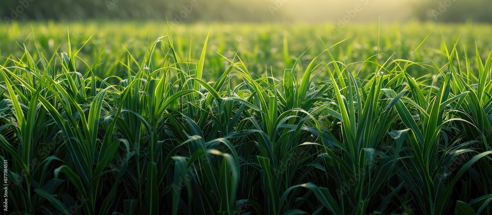 Poster Capture a detailed image of sugarcane plants thriving in a field with plenty of space for additional content around it.