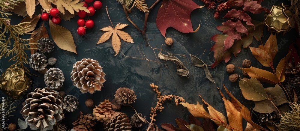 Poster seasonal arrangement showcasing a variety of dried leaves and decorations on a table in a flat lay t