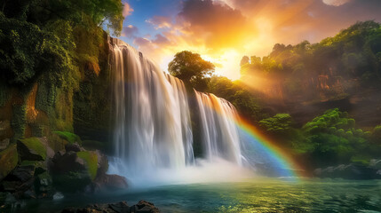 Breathtaking waterfall cascading into a serene pool, with a vibrant rainbow and golden sunset in a lush, green landscape.