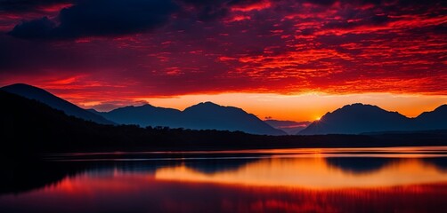 Obraz premium A beautiful sunset over a lake with mountains in the background