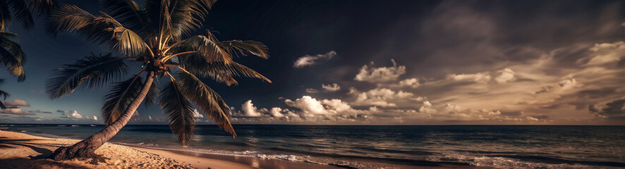 Fototapeta premium Panorama banner photo of idyllic tropical beach with one palm tree. copy space.