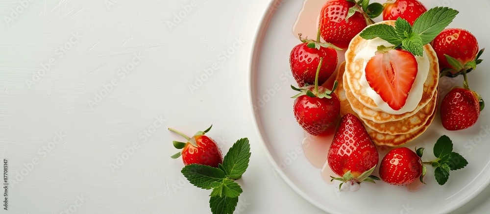 Poster a plate displaying delicious strawberry pancakes with copy space image.