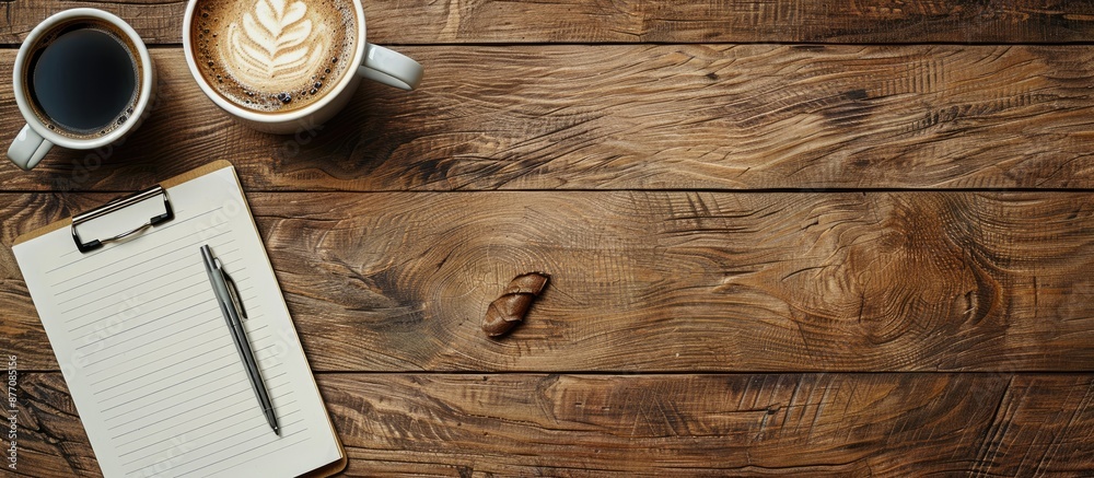 Poster wooden table with a notepad, pen, and coffee cup, offering space for customized content in the image