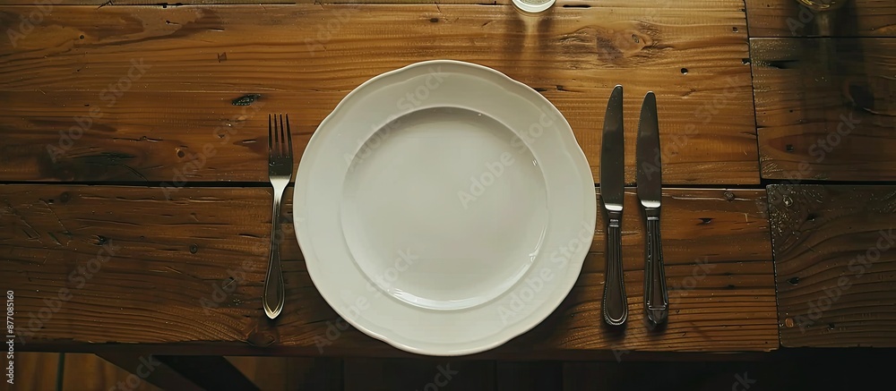 Aufkleber top-down view of a table setting featuring white plates, a fork, and a knife, ideal for a 'copy spac
