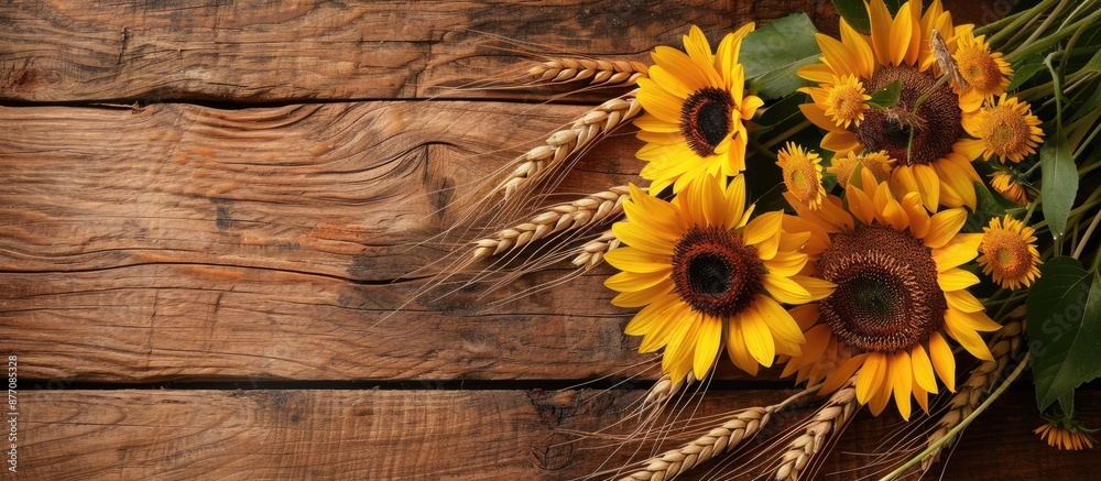 Aufkleber sunflowers and wheat ears arranged on a rustic wooden backdrop with copy space image.