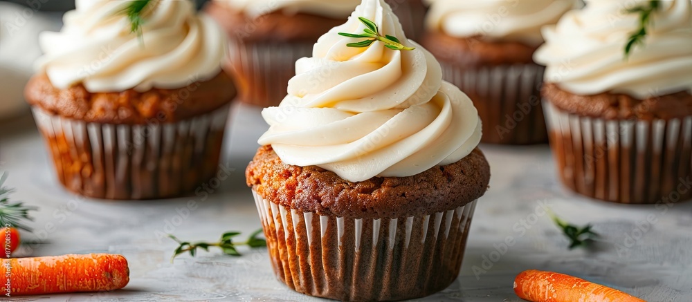 Poster Carrot cake cupcakes with buttercream frosting perfect for featuring a copy space image.