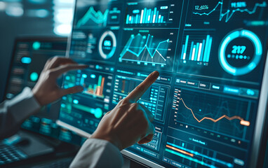 Fototapeta premium Virtual Data Analysis: Businessman Touching Interactive Display. Futuristic Smart Home Interface: Interactive Touch Screen Control Panel. Businessman Engaged in Data Analysis on Virtual Screen 