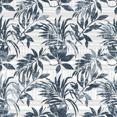 Tropical palm leaves foliage with tapa cloth background grunge wallpaper abstract vector seamless pattern for fabric shirt short print towel tablecloth cloth