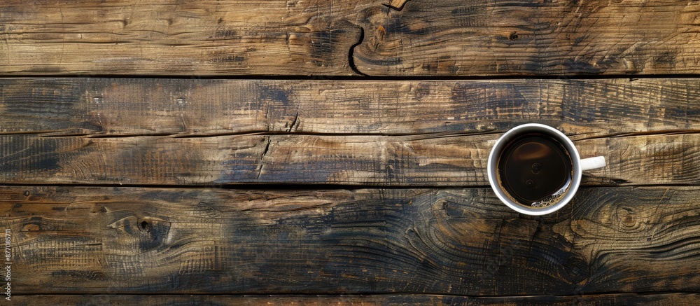 Poster wooden table with black coffee providing a textured abstract background and room for text in a copy 