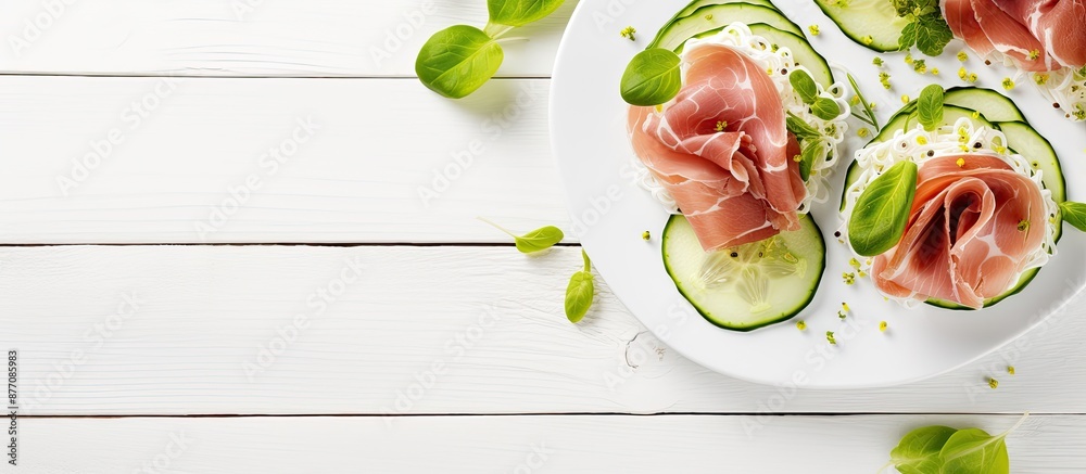 Poster Copy space image: Prosciutto and cucumber on rice cakes on a white wooden table, top view, suitable for adding text.
