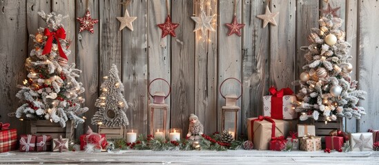 A rustic wooden backdrop set with Christmas decorations and gifts providing a charming copy space image.