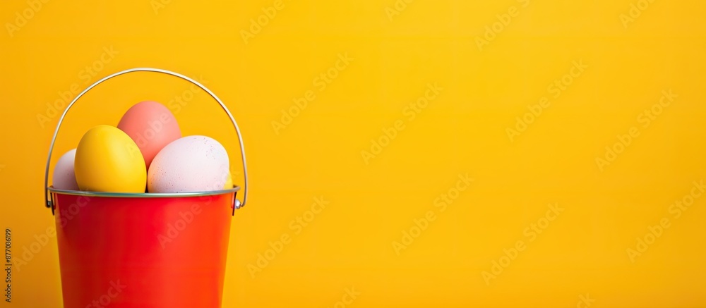 Poster easter concept shown with a yellow egg in a bucket on a colorful background, ideal for copy space im