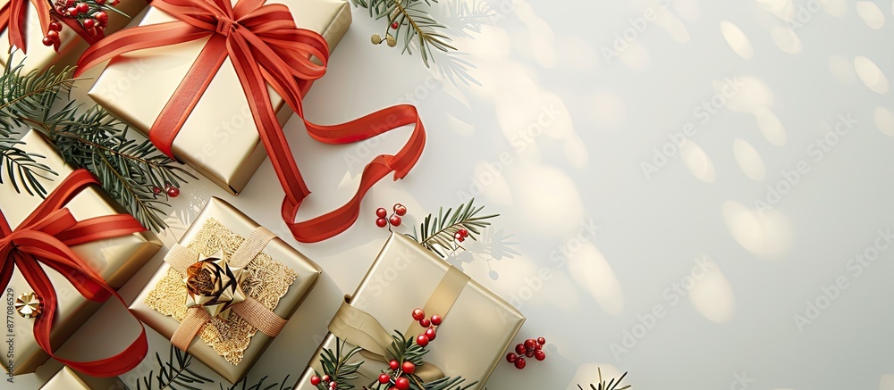Poster Top view of gift boxes beautifully wrapped in red and gold ribbons, set against a copy space image with a greeting card text design template in the background.