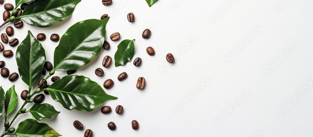 Aufkleber coffee beans and leaves arranged on a white background with copy space image.
