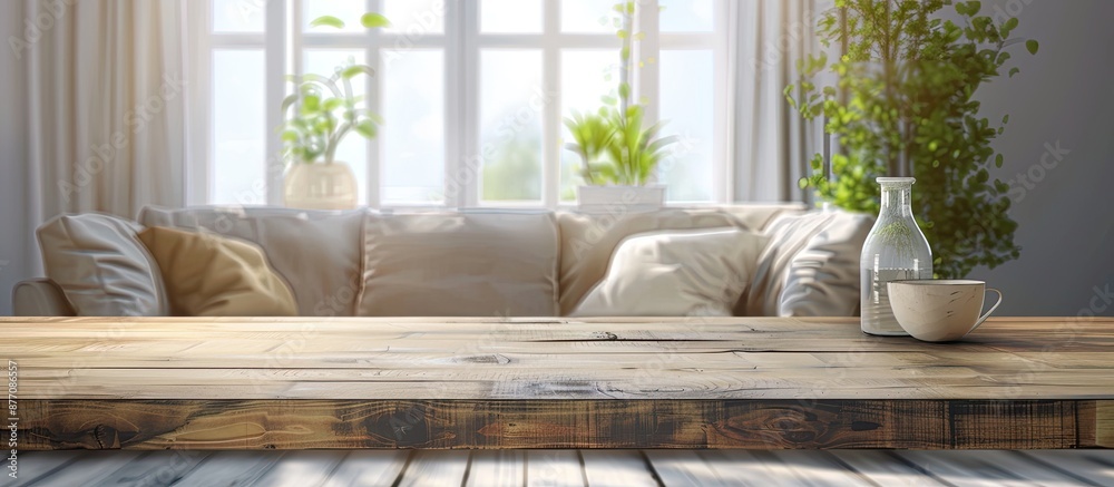 Poster blurry living room background with a table top and copy space image.