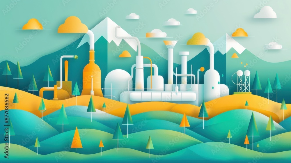 Poster renewable energy technology, geothermal plants, flat design illustration