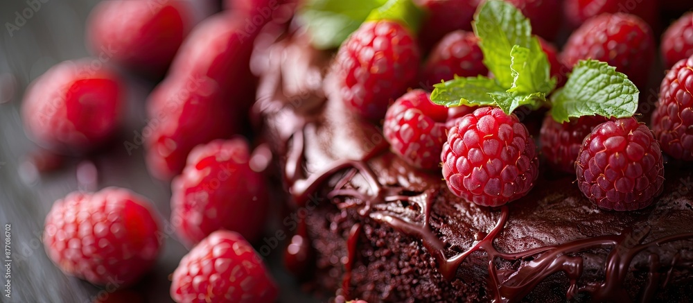 Aufkleber detailed close-up image of a chocolate cake adorned with raspberries and mint, offering room for you
