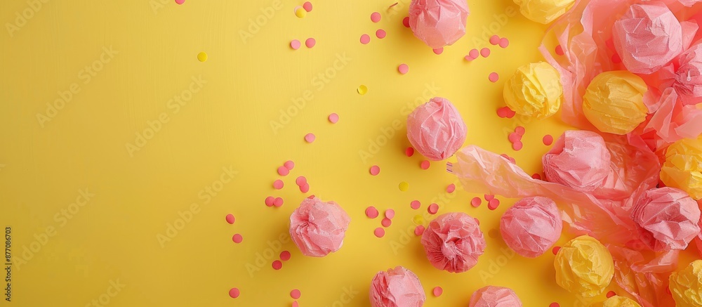 Aufkleber yellow background with a banner outlined by pink tissue paper balls, featuring copy space image for 