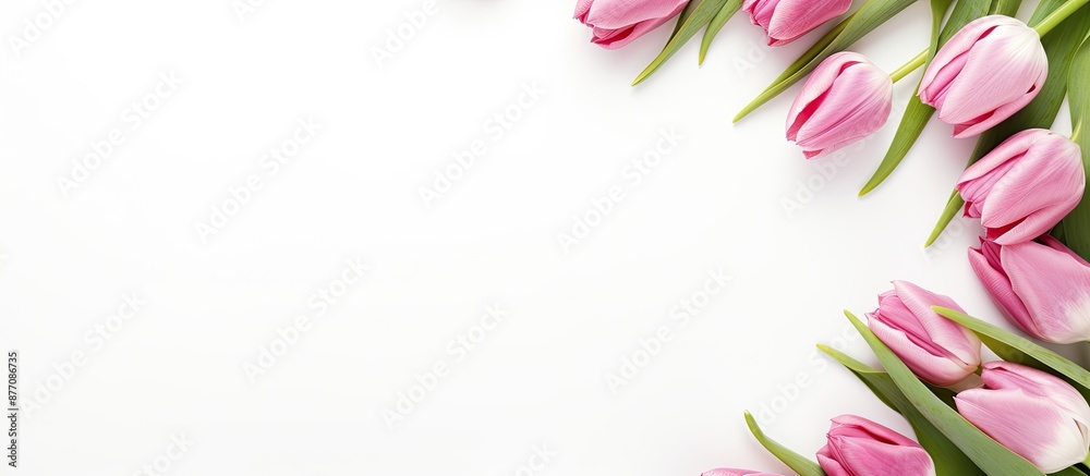 Poster Top view of tulip flowers creating a border frame on a white background with a copy space image.