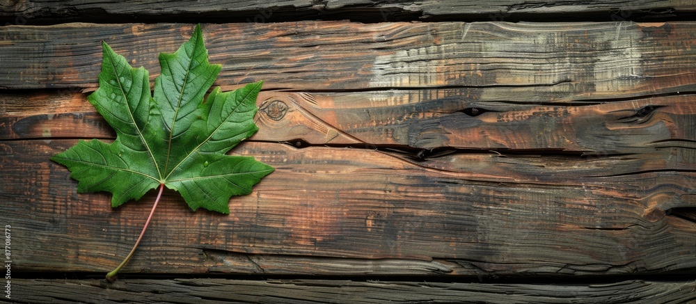 Aufkleber Vintage wooden background with a green maple leaf and ample copy space image.