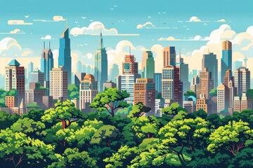 Obraz premium Flat design illustration depicting a vibrant cityscape with iconic landmarks. The image captures bustling streets, modern skyscrapers, and historic buildings, showcasing the rich architectural