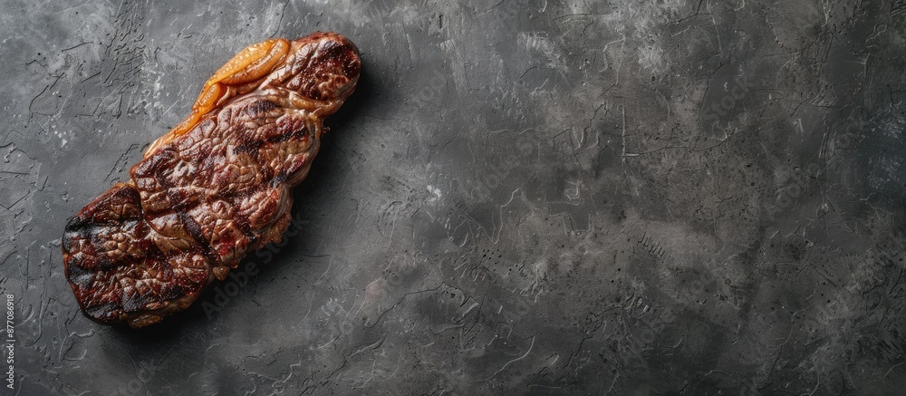 Poster freshly dry-aged club steak displayed on a grey stone background with ample space for text next to i