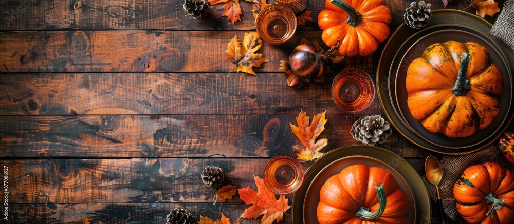 Aufkleber Autumn-themed table setting with local pumpkins, fall leaves, and assorted decor creating a Thanksgiving ambiance. Ideal for text placement, top-down view with ample copy space image.