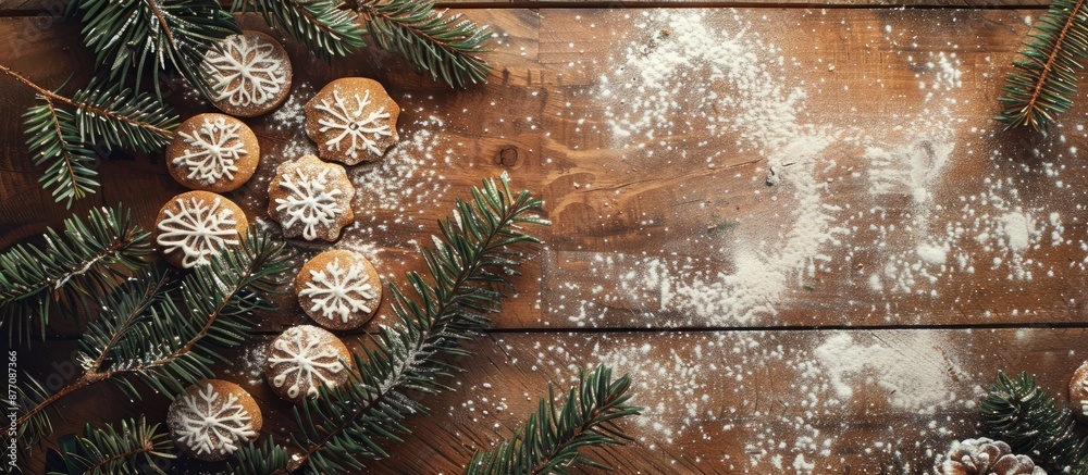 Aufkleber Festive Christmas backdrop featuring fir branches, cookies dusted with powdered sugar on a wooden surface with space for adding images.