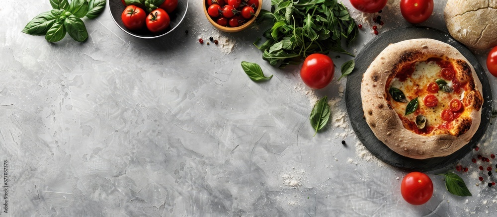 Poster grey table flat lay with pizza crust, fresh ingredients, and space for text in the image.