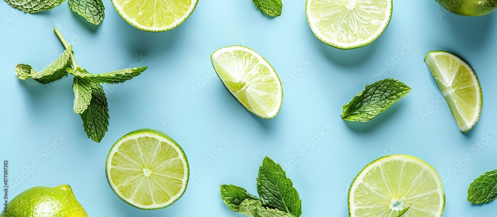 Poster Fresh lime slices and mint leaves placed on a blue background, creating a flat lay composition with available copy space for adding text.
