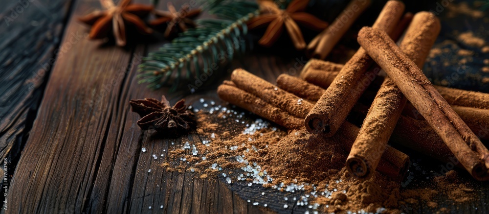 Poster cinnamon seasoning displayed with sticks and powder on a dark wooden surface with room for copy spac