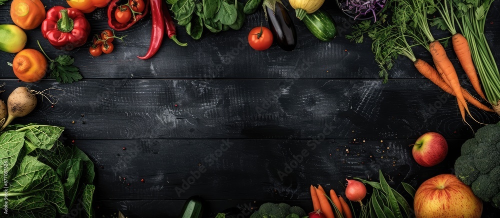 Poster fresh organic fruits and vegetables displayed on a black wooden table in a flat lay style, with room