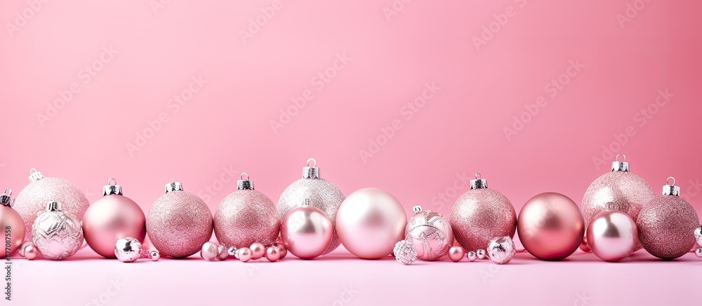 Aufkleber a christmas-themed composition with decorative balls and ornaments against a pink background, ideal 