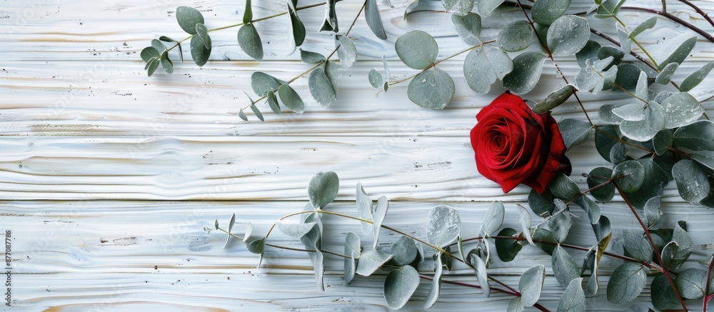 Poster top-down image of red rose and flocked eucalyptus branches on a white wooden surface, creating a fes