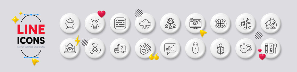 Fototapeta premium Coronavirus, Mental health and Light bulb line icons. White buttons 3d icons. Pack of Swipe up, Globe, Analytical chat icon. Music, Question mark, Cogwheel timer pictogram. Vector