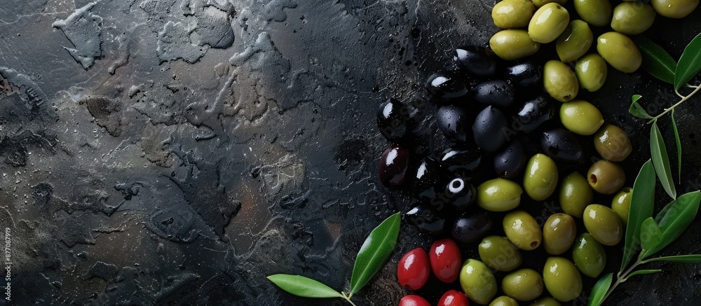 Aufkleber A flat lay design template featuring black, green, and red olives of different sizes captured from a top view, ideal for including text with copy space image.