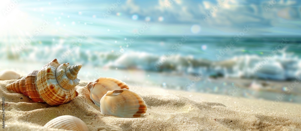 Poster Beach scene with seashells on sand and object hidden beneath, copy space image.