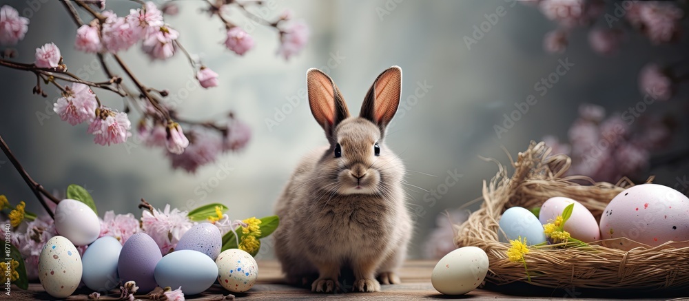 Aufkleber a light background with a collection of willow branches, a bunny, and painted easter eggs, creating 