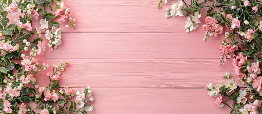 Poster pink wooden background adorned with a border of lovely spring flowers, providing a flat lay view wit